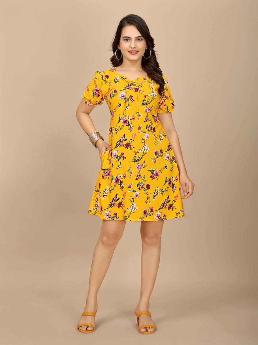 Elegant Yellow Floral Crape Dress Sweetheart Neckline Stylish Puff Sleeves Sale