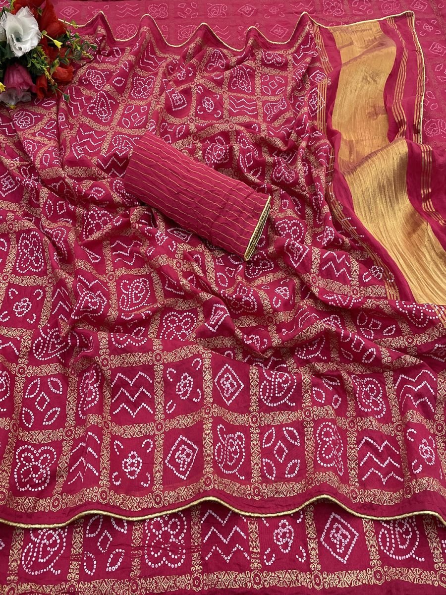 Gajari Bandhani Patola Print Saree with Zari Embellished Lagdi Patta Pallu Sale