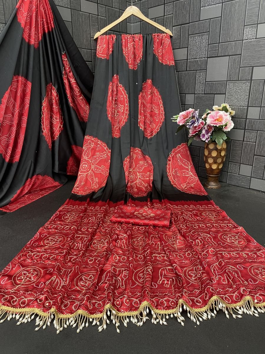 Premium Satin Silk Bandhani Print Saree with Contrast Border Saree