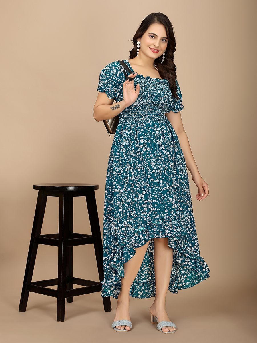 Rama Floral Elegance Puff Sleeve High Low Maxi Dress with Elastic Closure Sale