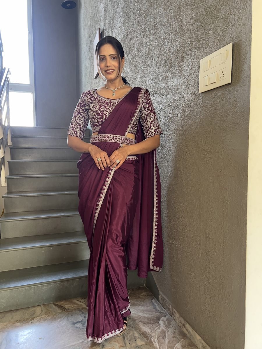  Ready To Wear Chinon Embroidery Work Saree With Stitched Blouse