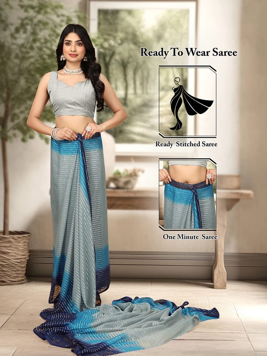 Ready To Wear Georgette Silver Zari Line Blue Saree 