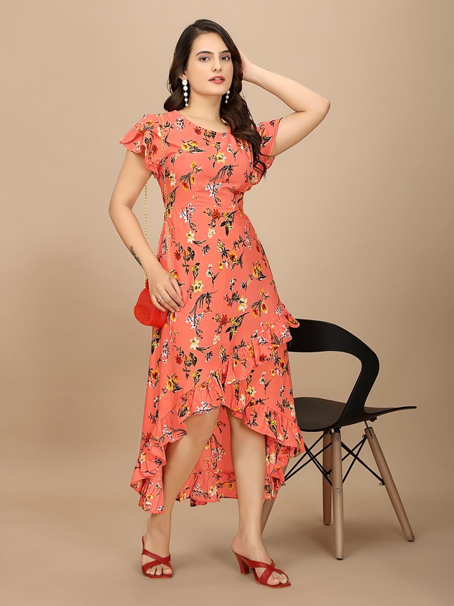 Red Floral Elegance High Low Ruffle Hemline Crape Dress with Butterfly Sleeves Sale