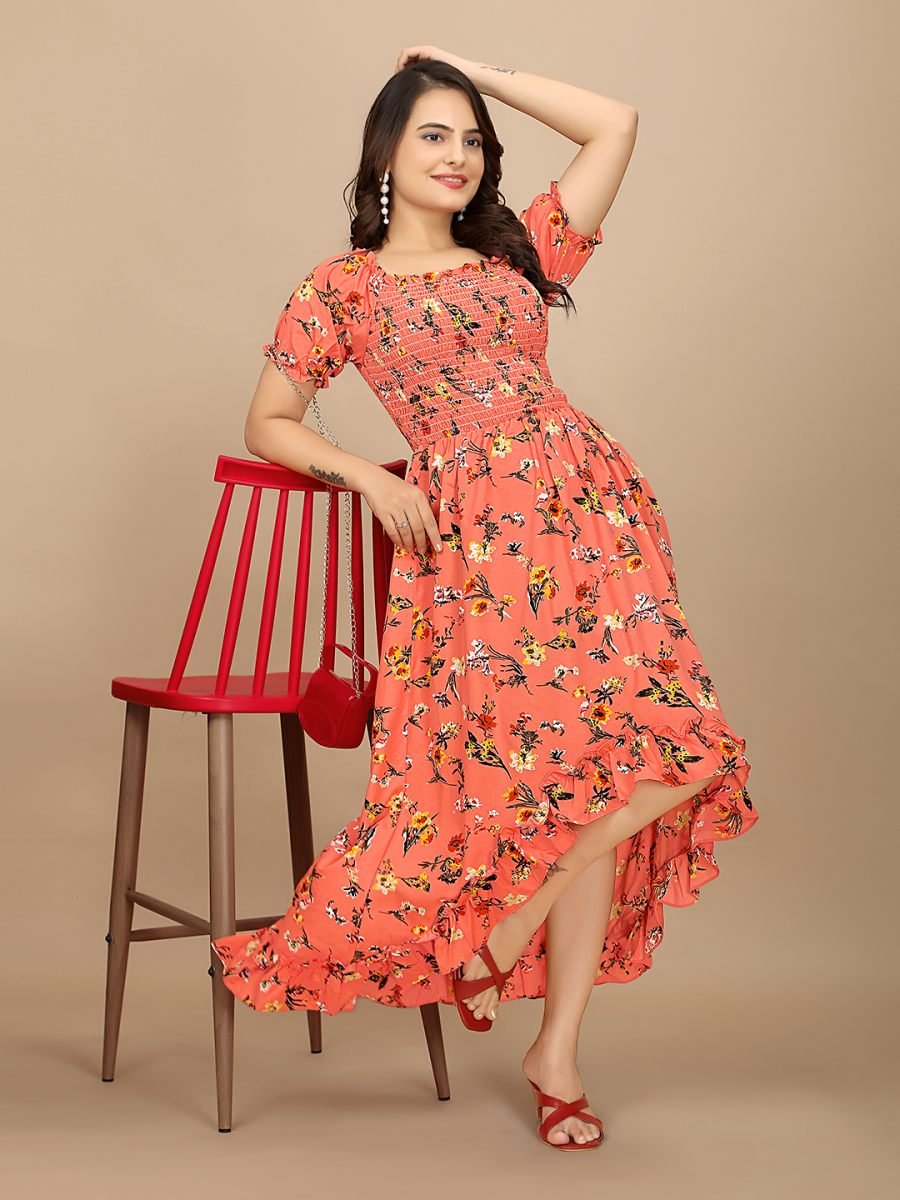 Red Floral Elegance Puff Sleeve High Low Maxi Dress with Elastic Closure Sale