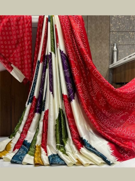 Ajrakh Printed Satin Silk Saree with Blouse Piece Printed Sarees