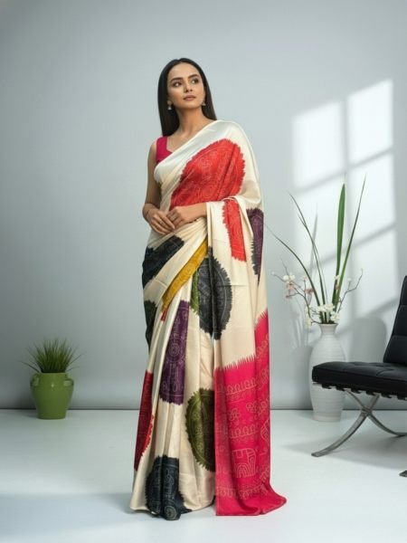 Ajrakh Printed Satin Silk Saree with Blouse Piece Printed Sarees