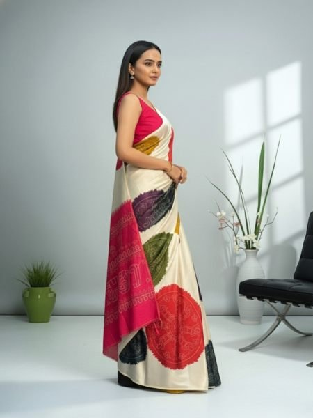 Ajrakh Printed Satin Silk Saree with Blouse Piece Printed Sarees
