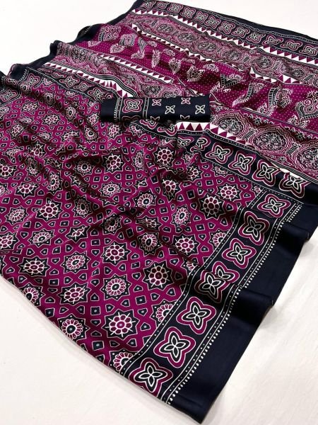 Ajrakh Printed Soft Modal Silk Natural Saree with Unstitched Blouse Daily Deals