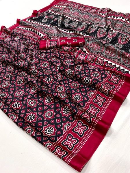 Ajrakh Printed Soft Modal Silk Natural Saree with Unstitched Blouse Daily Deals
