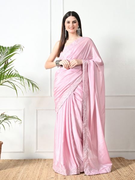 Baby Pink Chic Party Wear A Modern Chinon Solid Saree with an Embroidered Lace Border Sale