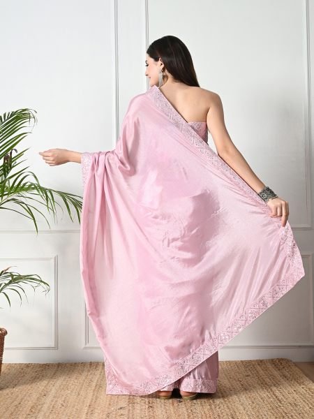 Baby Pink Chic Party Wear A Modern Chinon Solid Saree with an Embroidered Lace Border Designer Sarees