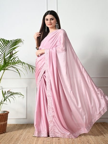 Baby Pink Chic Party Wear A Modern Chinon Solid Saree with an Embroidered Lace Border Designer Sarees