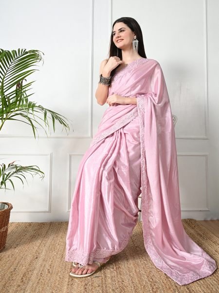 Baby Pink Chic Party Wear A Modern Chinon Solid Saree with an Embroidered Lace Border Designer Sarees