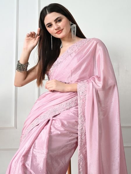 Baby Pink Chic Party Wear A Modern Chinon Solid Saree with an Embroidered Lace Border Designer Sarees