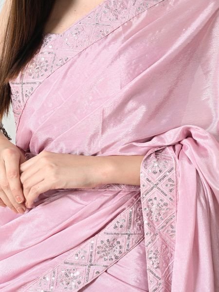 Baby Pink Chic Party Wear A Modern Chinon Solid Saree with an Embroidered Lace Border Designer Sarees