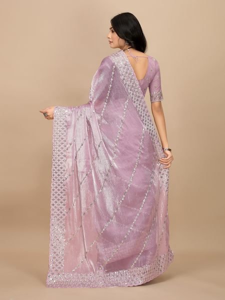 Baby Pink Embroidered sequins Organza Fabric with Scalloped Lace Border Designer Sarees