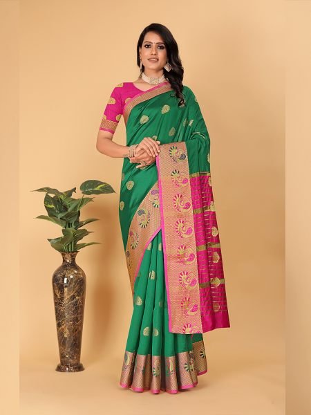 Banarasi Cotton Silk Woven Green Saree Sale