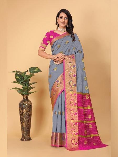 Banarasi Cotton Silk Woven Grey Saree Sale