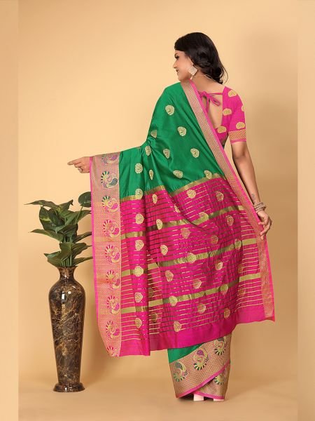 Banarasi Cotton Silk Woven Green Saree Banarasi Sarees
