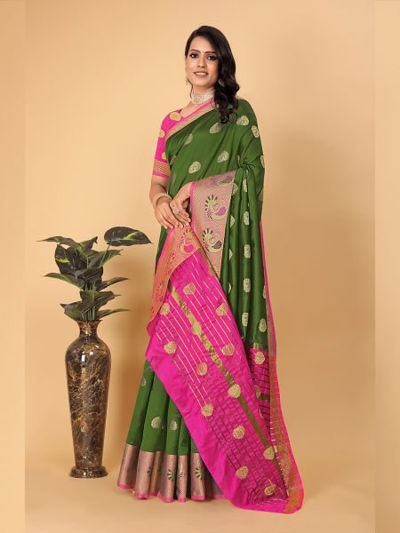 Banarasi Cotton Silk Woven Mendi Green Saree Banarasi Sarees
