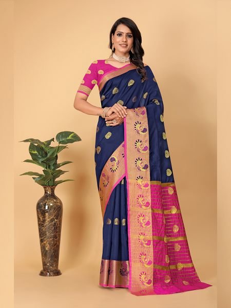 Banarasi Cotton Silk Woven Navy Blue Saree Sale