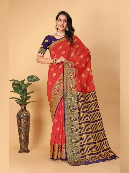 Banarasi Cotton Silk Woven Red Saree Sale