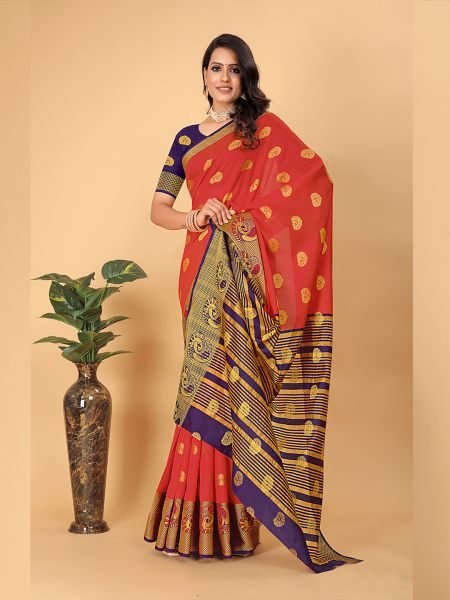 Banarasi Cotton Silk Woven Red Saree Banarasi Sarees