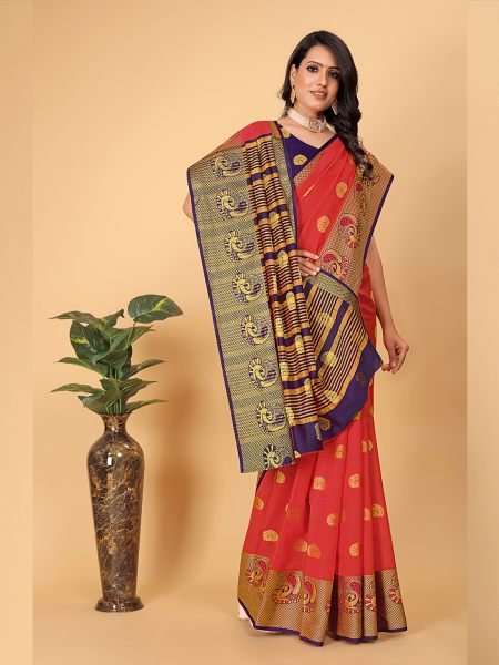 Banarasi Cotton Silk Woven Red Saree Banarasi Sarees