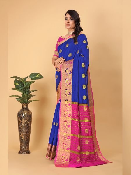 Banarasi Cotton Silk Woven Royal Blue Saree Banarasi Sarees