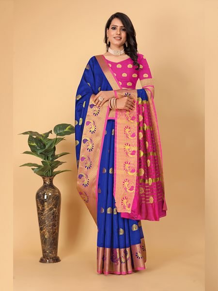 Banarasi Cotton Silk Woven Royal Blue Saree Banarasi Sarees