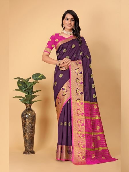 Banarasi Cotton Silk Woven Wine Saree Sale