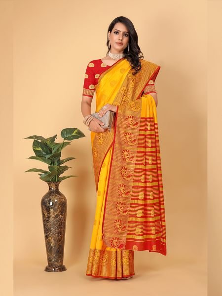 Banarasi Cotton Silk Woven Yellow Saree Banarasi Sarees