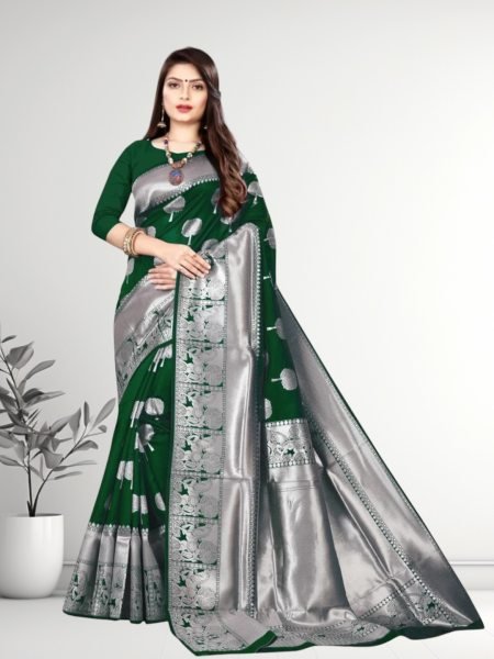 Banarasi Jacquard Copper Zari Green Traditional Saree Sale