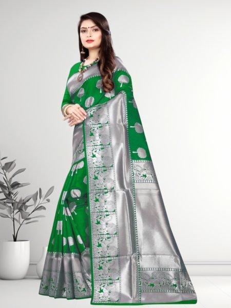 Banarasi Jacquard Copper Zari Green Traditional Saree Banarasi Sarees