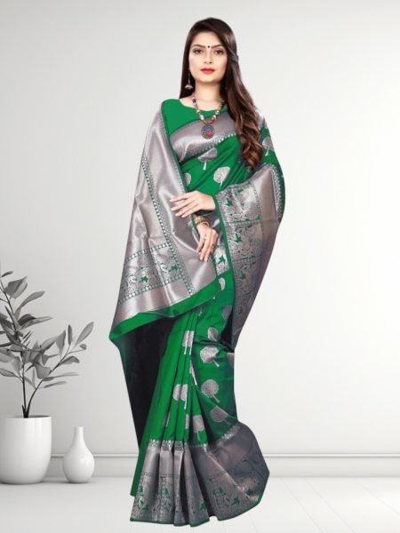 Banarasi Jacquard Copper Zari Green Traditional Saree Banarasi Sarees