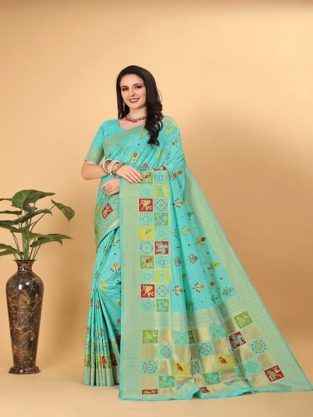  Banarasi Paithani Patola Print Sky Saree Sale