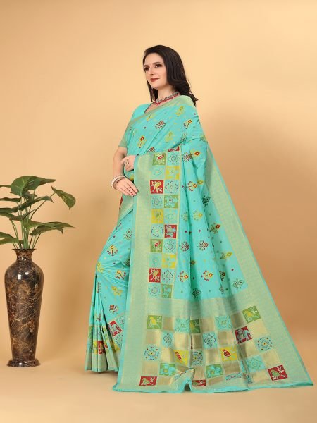  Banarasi Paithani Patola Print Sky Saree Banarasi Sarees