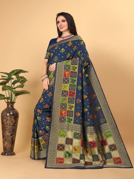  Banarasi Paithani Patola Print Navy Blue Saree Banarasi Sarees