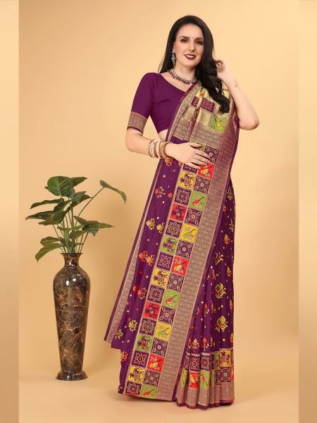  Banarasi Paithani Patola Print Wine Saree Banarasi Sarees