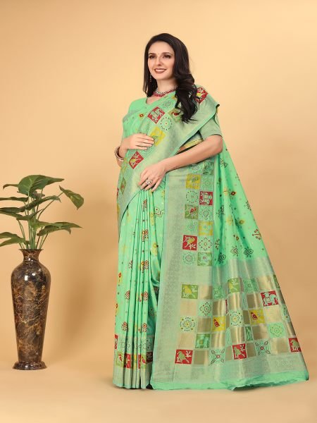  Banarasi Paithani Patola Print Pista Saree Banarasi Sarees