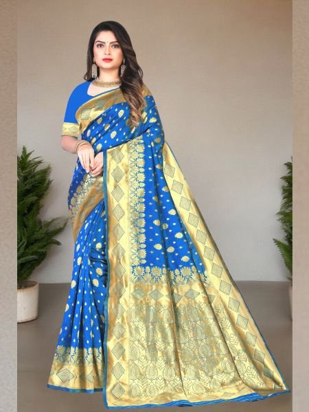 Banarasi Pure Silk Gold Zari Wedding Wear Blue Saree Sale