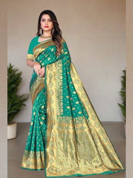 Banarasi Pure Silk Gold Zari Wedding Wear Rama Saree Sale