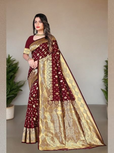 Banarasi Pure Silk Gold Zari Wedding Wear Maroon Saree Sale