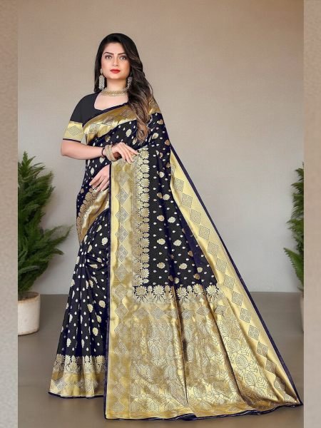 Banarasi Pure Silk Gold Zari Wedding Wear Black Saree Sale