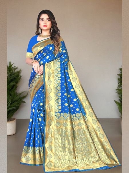 Banarasi Pure Silk Gold Zari Wedding Wear Blue Saree Banarasi Sarees