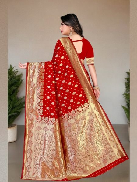 Banarasi Pure Silk Gold Zari Wedding Wear Red Saree Banarasi Sarees