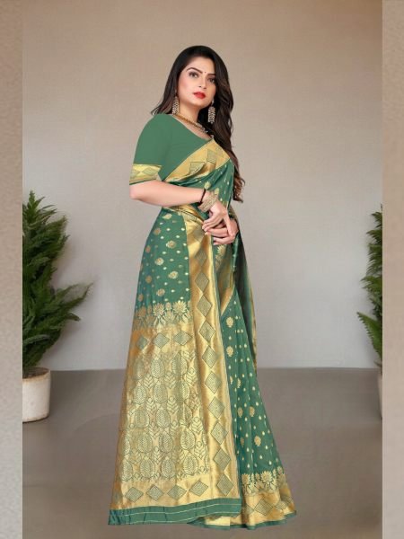 Banarasi Pure Silk Gold Zari Wedding Wear Green Saree Banarasi Sarees