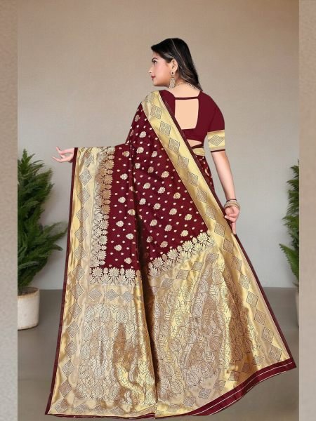 Banarasi Pure Silk Gold Zari Wedding Wear Maroon Saree Banarasi Sarees