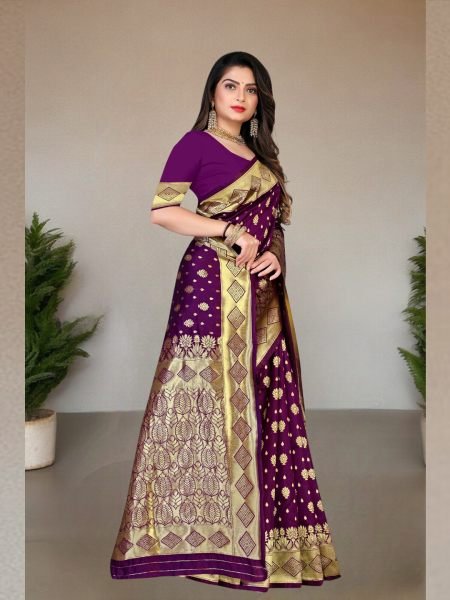 Banarasi Pure Silk Gold Zari Wedding Wear Wine Saree Banarasi Sarees