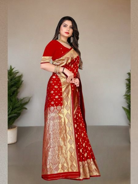 Banarasi Pure Silk Gold Zari Wedding Wear Red Saree Banarasi Sarees